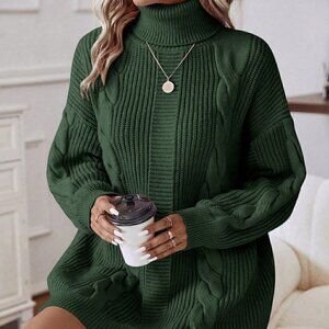 Mint Green Casual Womens Turtleneck Cable Knit Drop Shoulder Sweater Dress